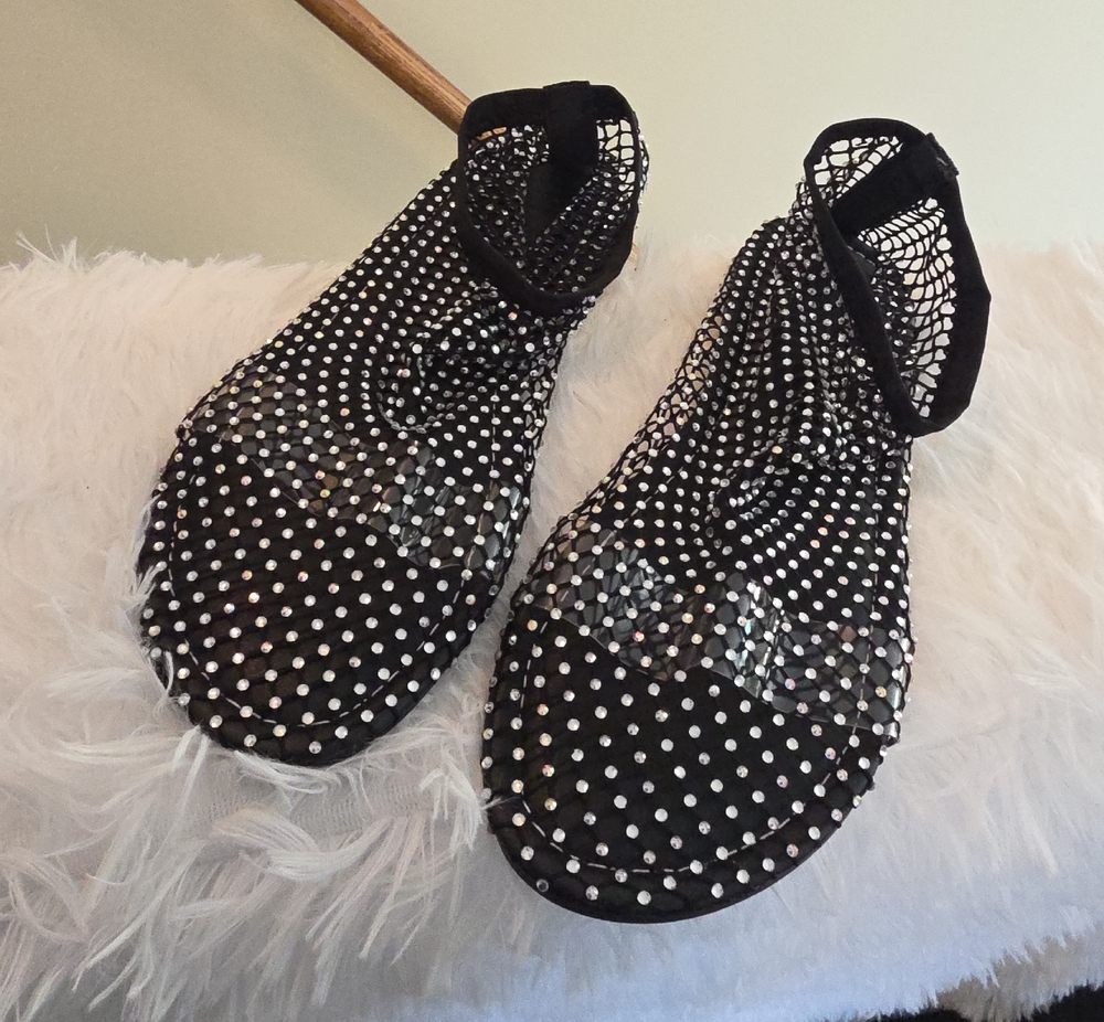 Black Crystal Mesh Flat Sandals